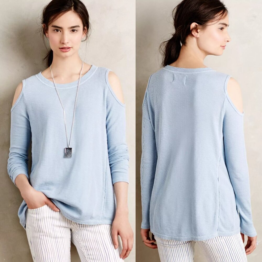 Sol Angeles Anthropologie Sky Blue Cold Shoulder Slub Long Sleeve Tee | Size PXS